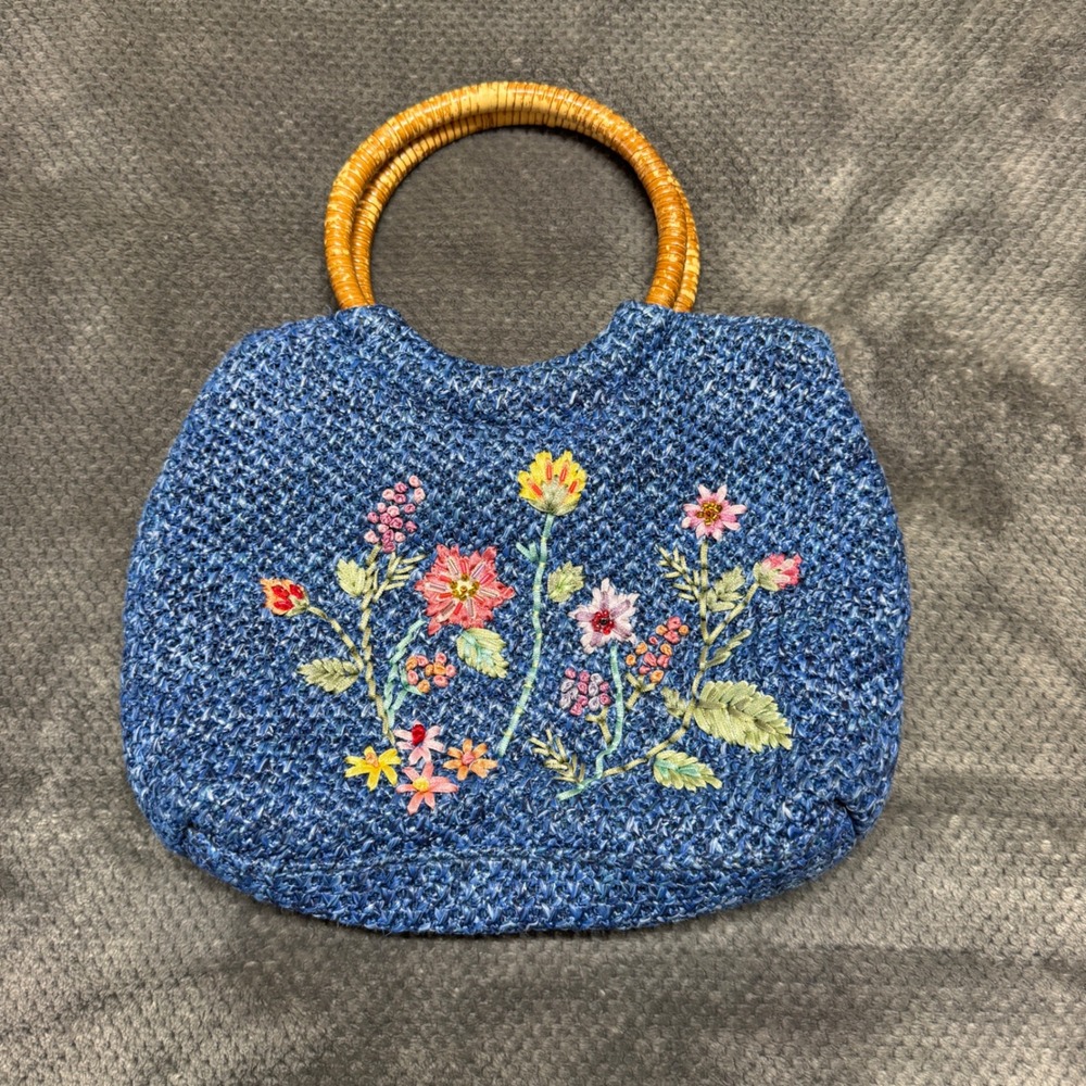 Boho Blue Woven Straw Floral Embroidered Handbag with Bamboo Top Handles